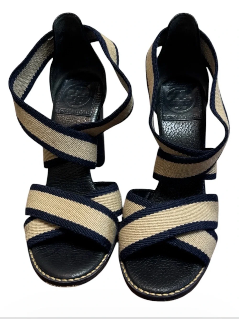 Tory Burch Laurie Criss Cross Block Heel Sandals Navy Size 6 Orig $340